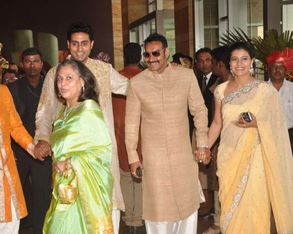 At Riteih-Genelia wedding venue from L-R Jaya Bachcahan, Abhishek Bachchan, Ajay Devgn and Kajol. (SUPPLIED)