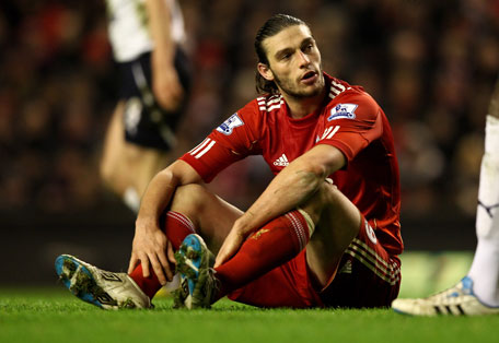 Liverpool's Andy Carroll reacts during the Barclays Premier League match against Tottenham Hotspur at Anfield on Monday in Liverpool, England. (GETTY)