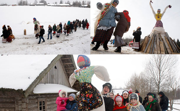 People celebrate Maslenitsa, or Pancake Week, in the village of Ozertso, outside Minsk, February 19, 2012. People celebrate Maslenitsa to mark the end of winter, which is a week of feasting before Lent.  (REUTERS)