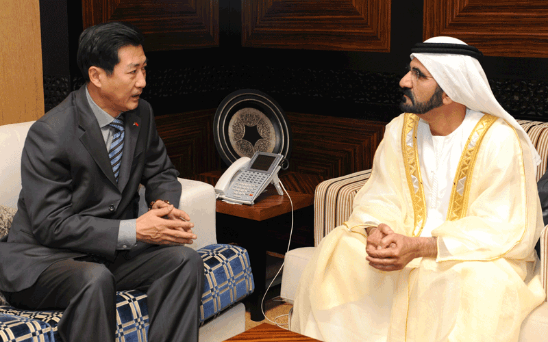 Sheikh Mohammed receives at the Presidential Palace outgoing Chinese Ambassador to UAE Gao Yusheng. (WAM)