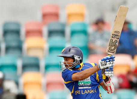 Sri Lanka's Tillakaratne Dilshan plays a shot during their one-day international against India at Bellerive Oval in Hobart on Tuesday. (REUTERS)