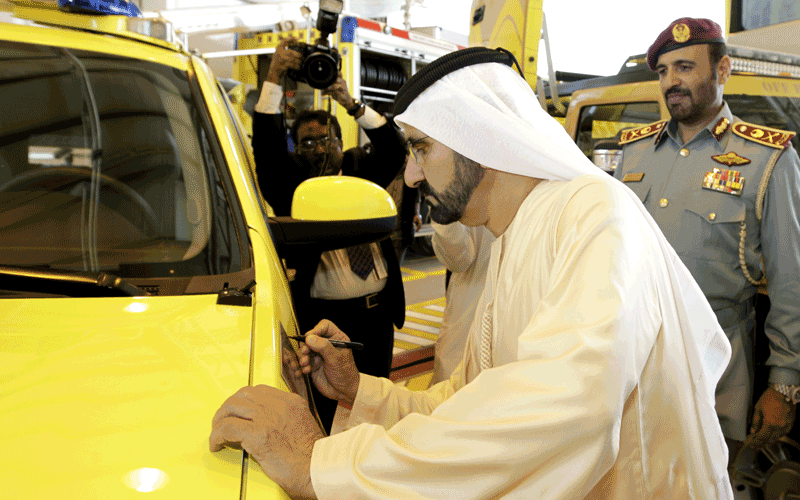Sheikh Mohammed visits Al Manara Civil Defence Centre on Sheikh Zayed Road. (WAM)