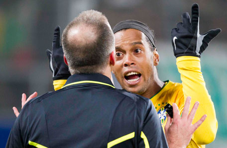 Brazil's Ronaldinho reacts during their friendly against Bosnia in St. Gallen on Tuesday. (REUTERS)