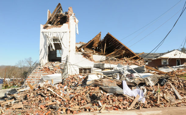 Handout photo courtesy of the Kentucky National Guard shows a building devastated by a tornado in West Liberty, Kentucky, March 3, 2012. (REUTERS)