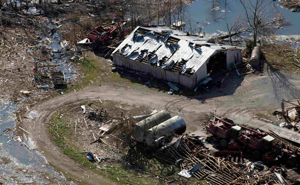 An aerial view shows a damaged building in the wake of a tornado in Marysville, Indiana. Residents combed through tornado-wrecked towns in the US Midwest and Southeast to assess damage (REUTERS).