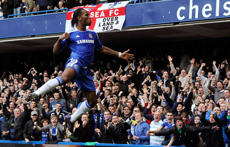 Chelsea's Didier Drogba celebrates after scoring against Stoke City during their English Premier League match at Stamford Bridge in London on Saturday. (REUTERS)