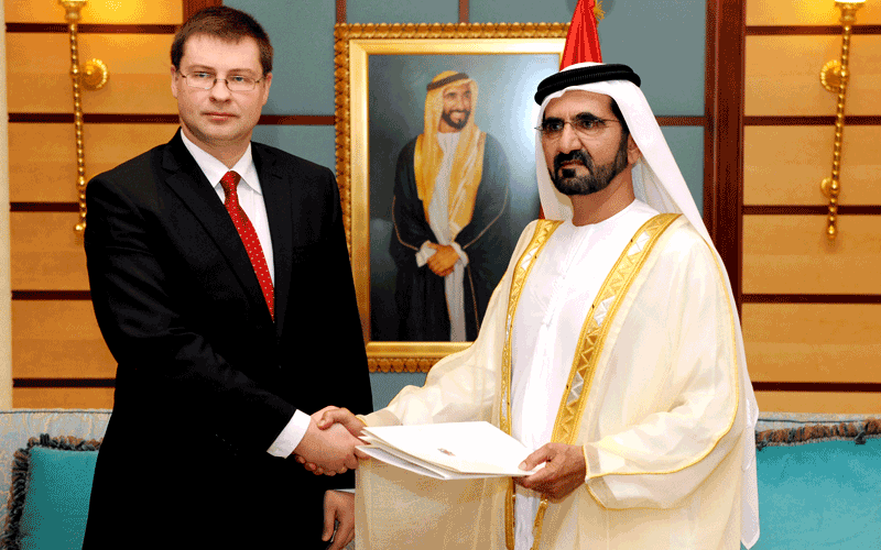 Sheikh Mohammed receives the Latvian Prime Minister Valdis Dombrovskis at the Presidential Palace in Abu Dhabi. (WAM)