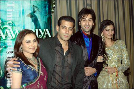 (L to R) Bollywood actress Rani Mukherjee, Salman Khan, Ranbir Kapoor and Sonam Kapoor at the music launch of the film 'Saawariya' in Mumbai, September 17, 2007. (SUPPLIED)