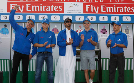 Godolphin jockeys being introduced to the audience at the Breakfast With The Stars at Meydan on Thursday. (SUPPLIED)