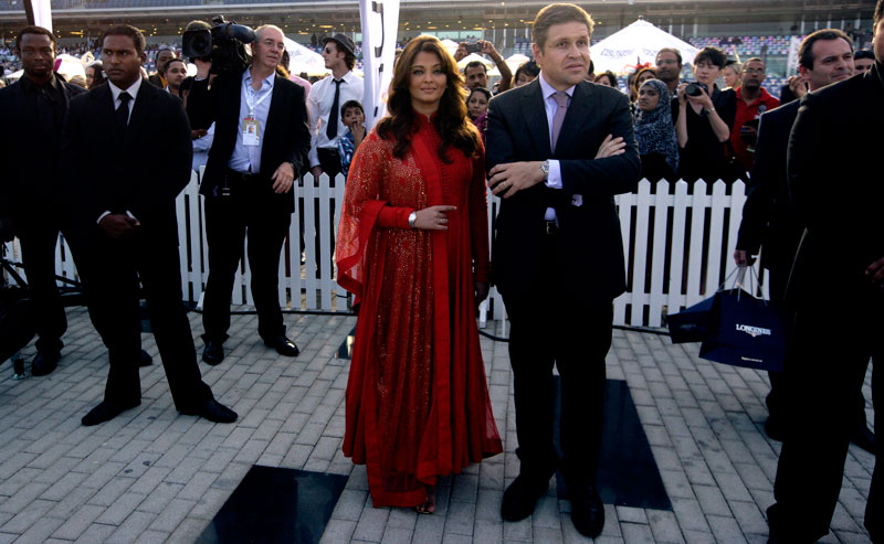 Indian Bollywood star Aishwarya Rai Bachchan with Juan Carlos Capelli, Longines Vice President and Head of International Marketing at the Jaguar style stake at the Dubai World cup 2012 on March 31, 2012. (Ashok Verma)