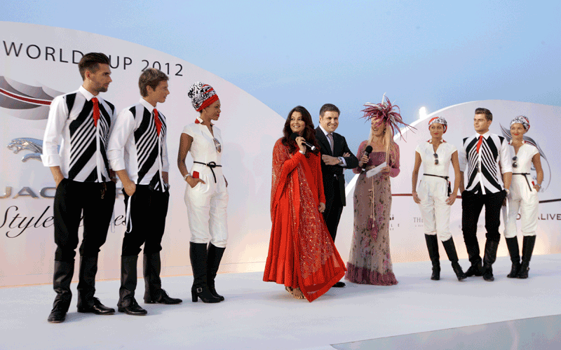 Bollywood actress Aishwarya Rai addresses the contestants at the Jaguar style stake during the Dubai World Cup, March 31, 2012. (Ashok Verma)