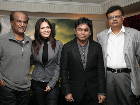 From (L to R) Actor Rajinikanth, daughter and film director Soundarya, music composer AR Rahman and film producer Dr J Murali. (SUPPLIED)