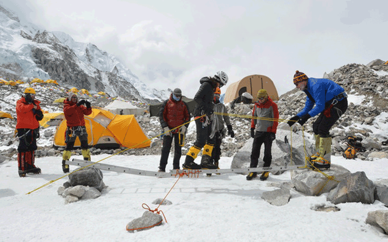 Practising on ladders for Khumbu icefall (Supplied)