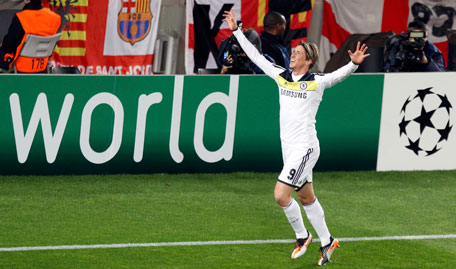 Chelsea's Fernando Torres celebrates his goal against Barcelona during their Champions League semi-final second leg at Camp Nou stadium in Barcelona, on Tuesday. (REUTERS)