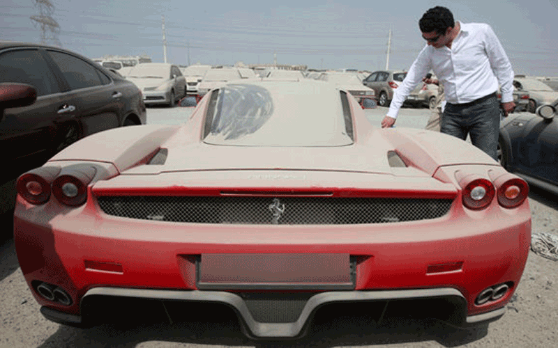 Ferrari Enzo gathering dust at Dubai Police car pound (Supplied)
