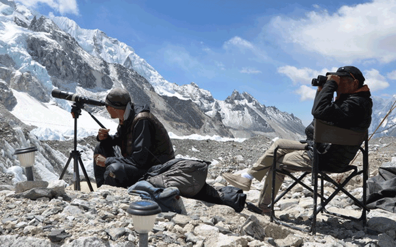 Base camp managers Greg and Jangbu following progress on the mountain (Supplied)