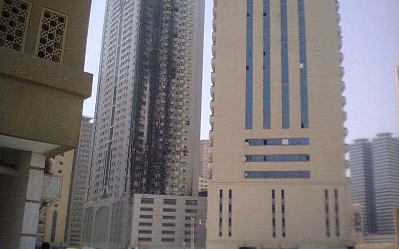 The charred front of the building in Al Nahda, Sharjah, after the fire. (V M Sathish)