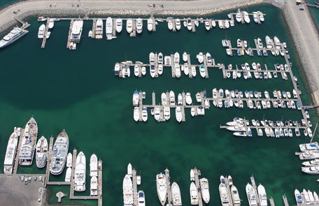 Yachts are moored on the marina by Le Meridien hotel as seen from the world's tallest residential bulding, Princess Tower in Dubai. (Ashok Verma)