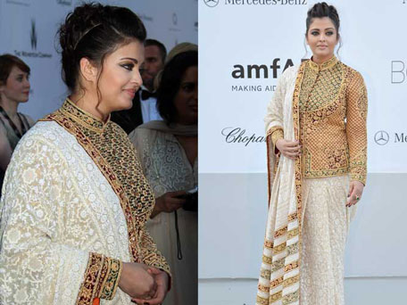 Aishwarya Rai Bachchan wearing designer Abu-Sandeep piece to the amFAR auction, which raised a total of $11 million for AIDS research. (AFP)