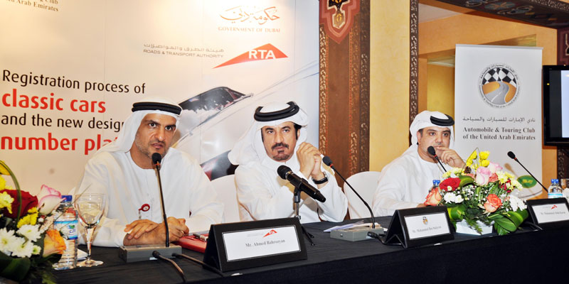 Mohammed bin Sulayem, chairman of the UAE Automobile and Touring Club, and Ahmed Bahrozyan, CEO of the RTA’s Licensing Agency, at the press conference.