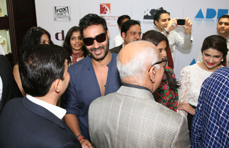 Bollywood superstars Abhishek Bachchan and Ajay Devgn with their 'Bol Bachchan' co-stars visit the Damas store in Oasis Centre, Dubai. (SUPPLIED)