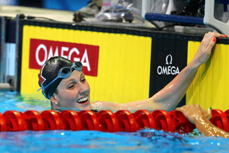 Missy Franklin reacts after winning the women's 200m backstroke during day six of the 2012 US Olympic Swimming Trials at CenturyLink Center on Sunday in Omaha, Nebraska. (AFP)