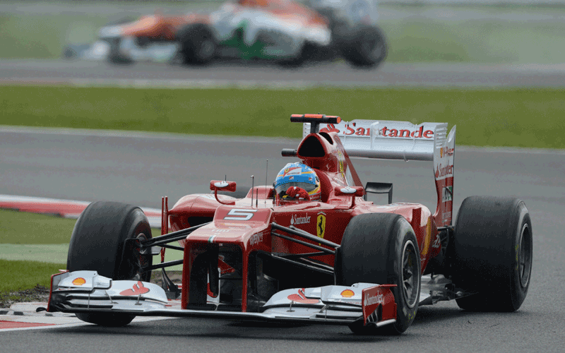 Ferrari's Spanish driver Fernando Alonso  drives during the third practice session at the Silverstone circuit ahead of the British Formula One Grand Prix. (AFP)