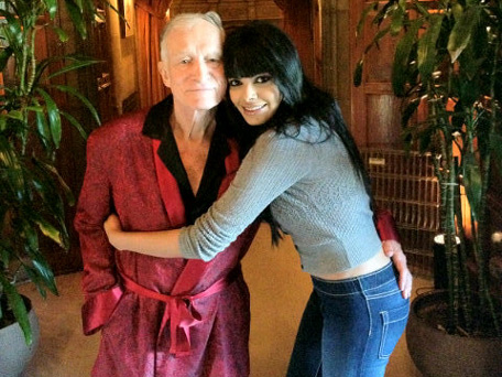 Bollywood starlet Sherlyn Chopra along with Playboy founder Hugh Hefner. (Pic: Twitter)