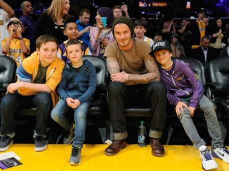 Soccer star David Beckham with his three sons Brooklyn, 12, Romeo, nine and Cruz, seven. (GETTY)