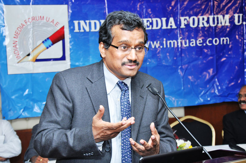 M K Lokesh, Indian Ambassador to the UAE, speaking at the stress meet in Dubai on Thursday.