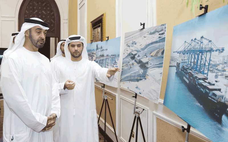 Mohammed Bin Zayed reviews the progress made at the mega project Khalifa Port and Khalifa Industrial Zone Abu Dhabi (Kizad) at Taweelah (Wam)