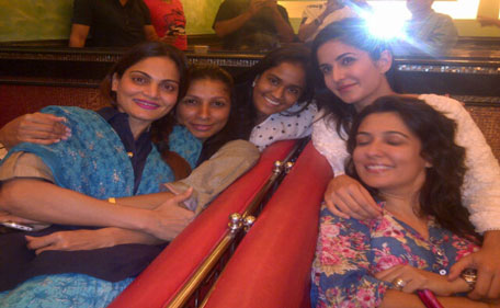 Bollywood actress Katrina Kaif (C in white) flanked with Arpita Khan, Alvira Agnihotri and Mini Mathur. (Pic: Twitter)