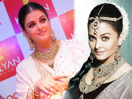 Chubby Aishwarya Rai during inauguration of a jewelry store (L) and chiseled cheek Ash in a print ad (R). (Pic: Facebook)