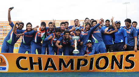 Indian players celebrate their victory over Australia in the the 2012 ICC Under-19 Cricket World Cup final in Townsville, Australia, on Sunday. (AP/ICC)