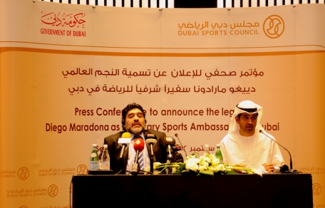 Dr Ahmed Al Sharif (right) unveiling Diego Maradona as Dubai Sports Council's ambassador for sports at a press conference held at the Burj Khalifa Armani Hotel on Sunday. (SUPPLIED)
