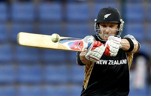 New Zealand batsman Brendon McCullum plays a shot during the ICC Twenty20 Cricket World Cup match against Bangladesh in Pallekele, Sri Lanka, Friday, Sept. 21, 2012. (AP)