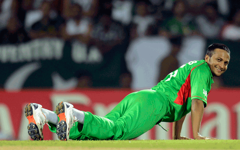 Bangladesh's Shakib Al Hasan reacts during their Twenty20 World Cup group D match against Pakistan at Pallekele. (REUTERS)