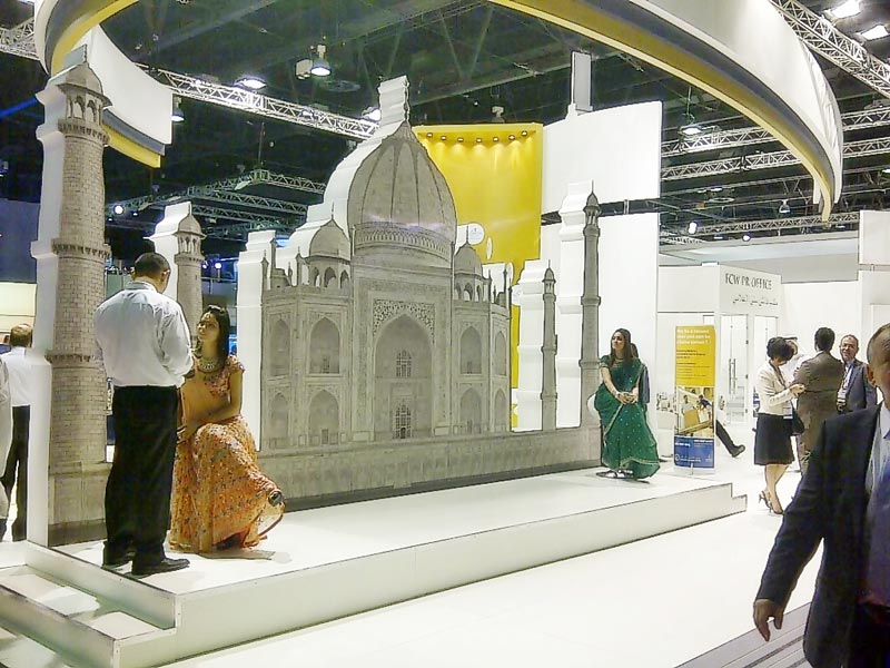 A replica of the facade of the Taj Mahal at a stand at the Cityscape Global exhibition in Dubai.
