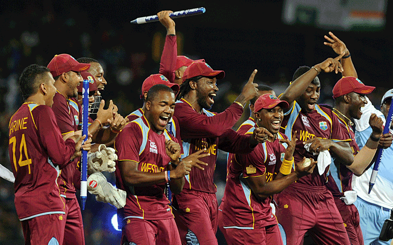 West Indies team celebrates victory during the ICC Twenty20 Cricket World Cup's final match between Sri Lanka and West Indies at the R. Premadasa International Cricket Stadium in Colombo. (AFP)