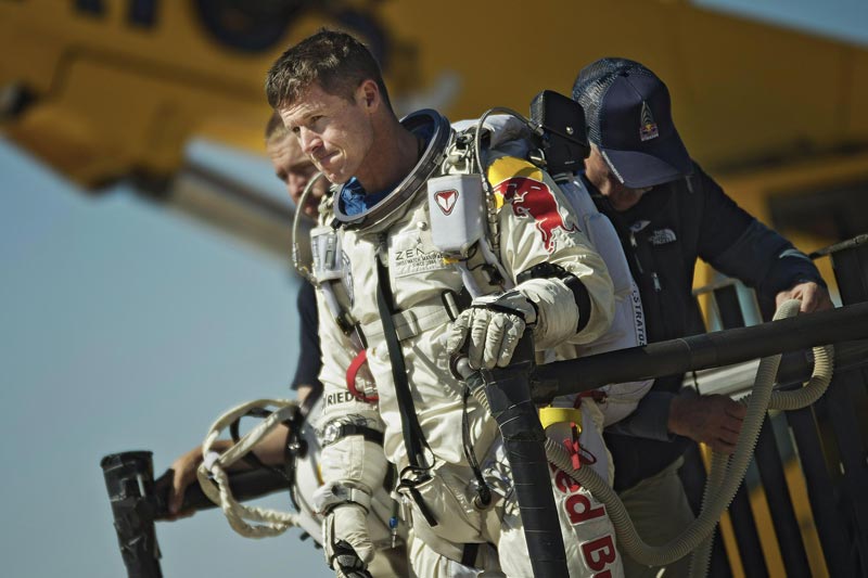 Felix Baumgartner of Austria reacting after his mission was aborted in Roswell, N.M., on October 9.  (AP)