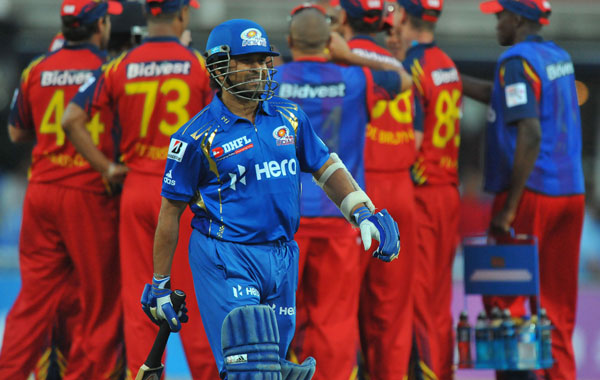 Sachin Tendulkar of Mumbai walks off after being dismissed for 16 runs during the Karbonn Smart CLT20 match between bizhub Highveld Lions and Mumbai Indians at Bidvest Wanderers Stadium on October 14, 2012 in Johannesburg, South Africa. (Gallo Images/Getty Images)
