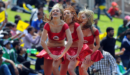 This file photograph taken on October 14, 2012 shows cheerleaders performing during a Group B match of the Champions League T20 (CLT20) between the Chennai Super Kings and the Sydney Sixers at the Wanderers Stadium in Johannesburg. (AFP)