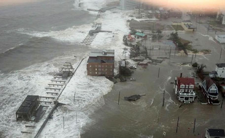 This CCTV photo released by the official Twitter feed of The Port Authority of New York & New Jersey shows flood waters from Hurricane Sandy rushing in to the Hoboken PATH station through an elevator shaft on October 29, 2012 in Hoboken, New Jersey.  Monster storm Sandy swept a wall of churning sea water and driving rain onto the eastern United States, flooding major cities and leaving death and chaos in its wake.    (AFP)