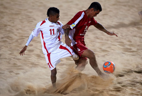 UAE's Adil (11) vies for the ball during their opening match against Tahiti in the Beach Soccer Intercontinental Cup Dubai at Festival City on Tuesday. (SUPPLIED)