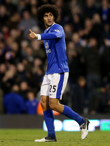 Marouane Fellaini of Everton celebrates after scoring thier second goal during the Barclays Premier League match against Fulham at Craven Cottage on November 3, 2012 in London, England. (GETTY)