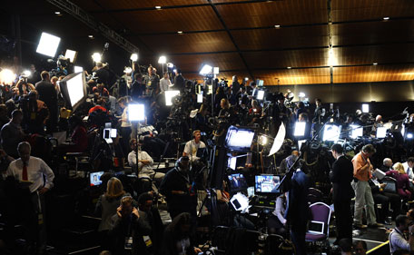 The media at work at US presidential candidate Mitt Romney's election night event on November 6, 2012 in Boston.   (AFP)