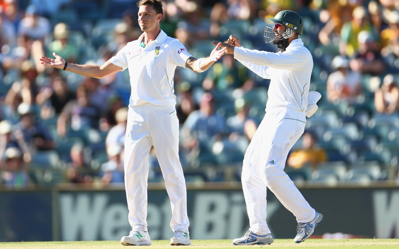 Dale Steyn of South Africa celebrates winning the match with Hashim Amla after taking the wicket of Nathan Lyon of Australia during day four of the Third Test Match between Australia and South Africa at WACA on December 3, 2012 in Perth, Australia.  (Getty Images)