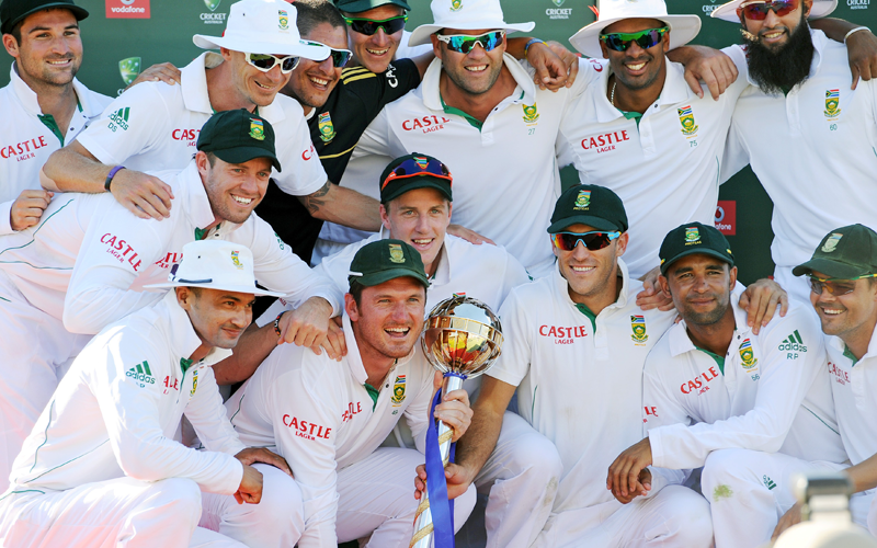 South African players celebrate their win in the third cricket Test and the series between South Africa and Australia at the WACA ground in Perth. (AFP)