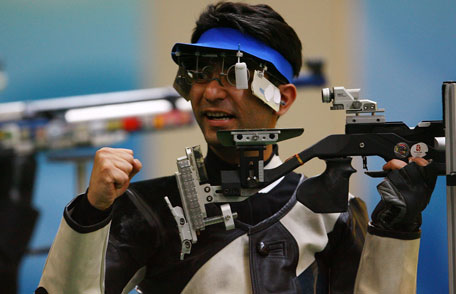 Abhinav Bindra of India reacts after winning the gold medal in the Men's 10m Air Rifle Final at the Beijing Shooting Range Hall on day 3 of the Beijing 2008 Olympic Games on August 11, 2008 in Beijing, China. (GETTY)