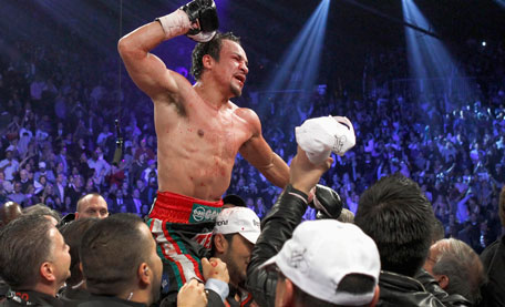 Juan Manuel Marquez celebrates his 6th round knock out victory over Manny Pacquiao during their welterweight fight at the MGM Grand Garden Arena in Las Vegas, Nevada on December 8, 2012. (REUTERS)